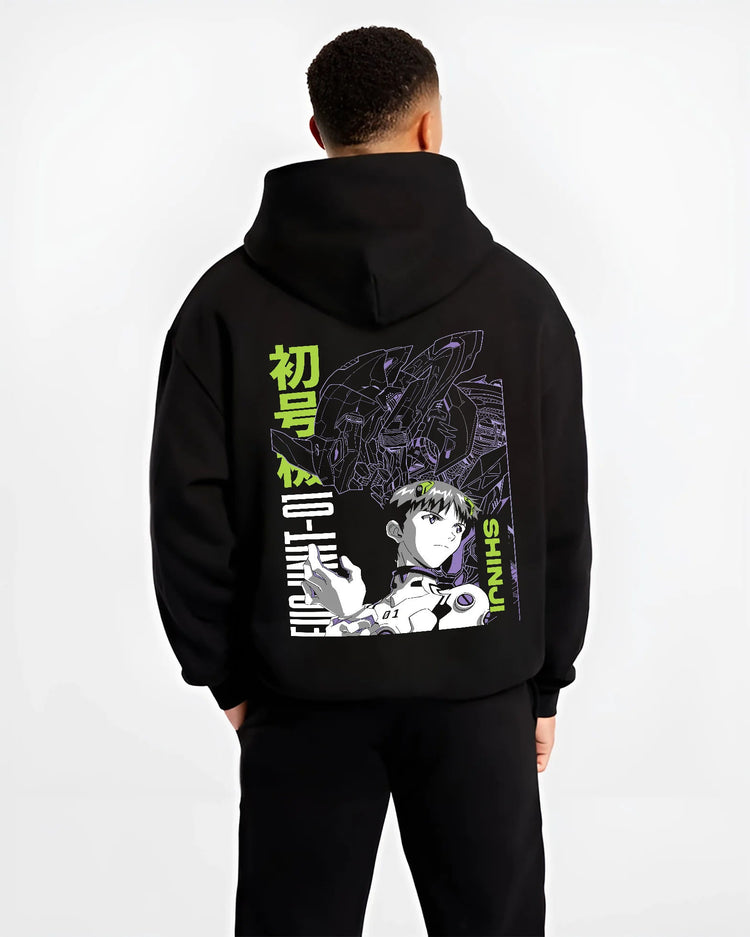 Black hoodie model back view with Shinji Ikari and EVA-01 (mechanical silhouette) from Evangelion illustrated back graphic