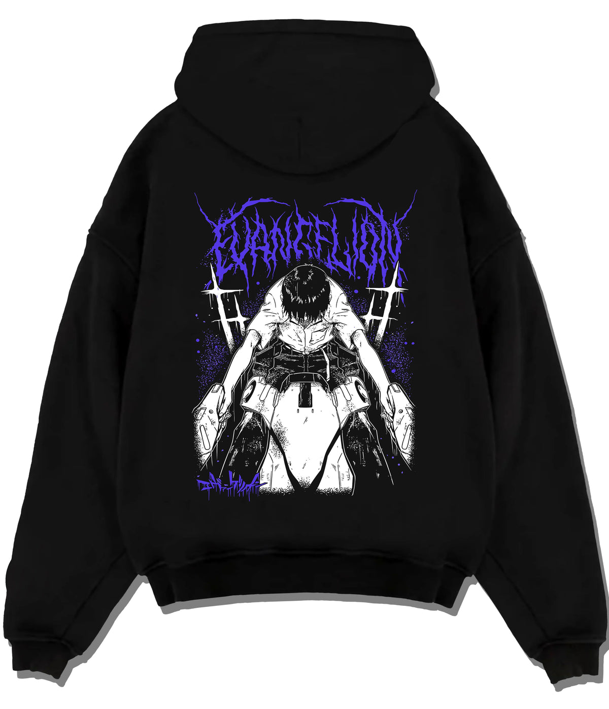 Black hoodie flat back view with Shinji Ikari (Evangelion protagonist) illustrated back graphic