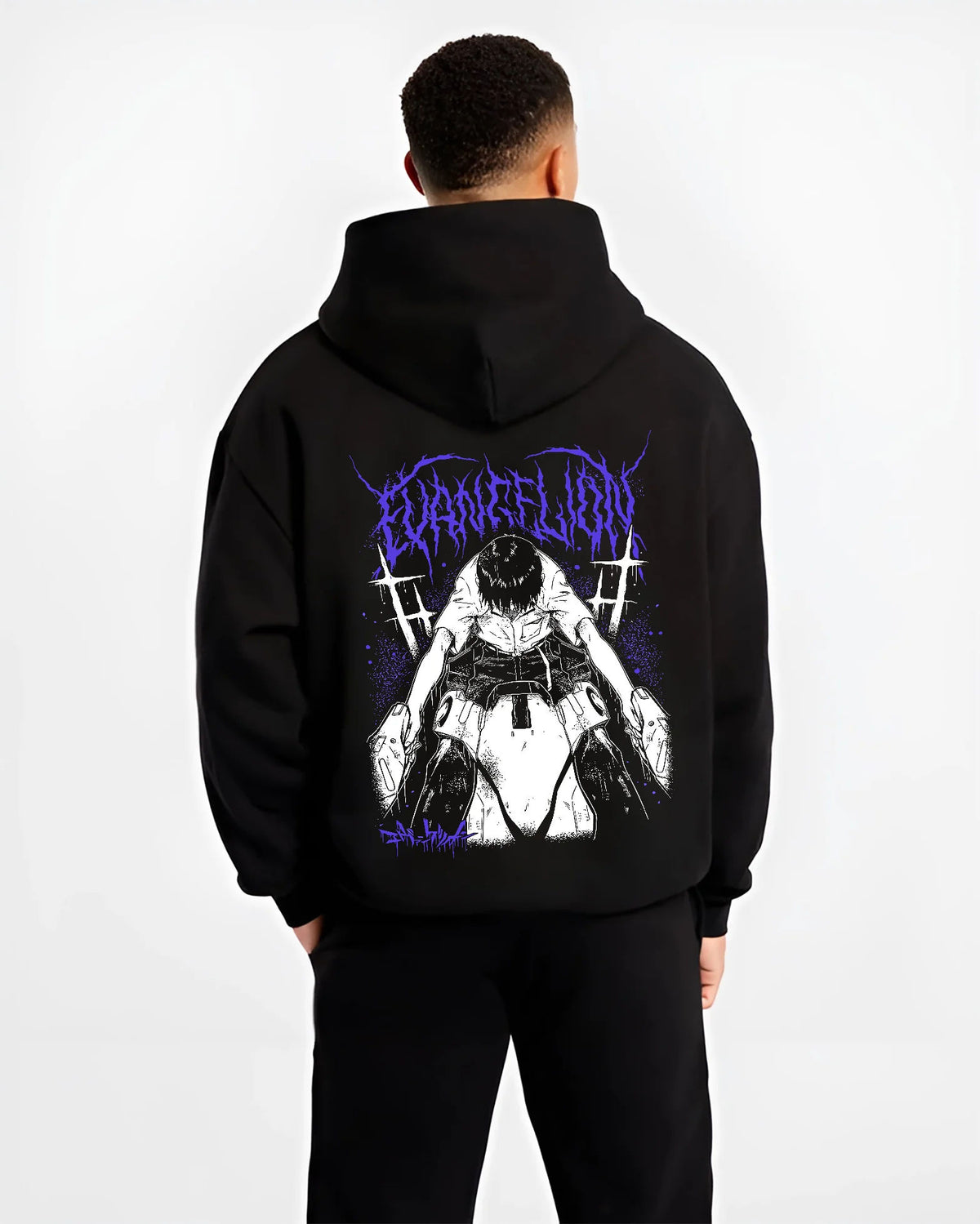 Black hoodie model back view with Shinji Ikari (Evangelion protagonist) illustrated back graphic