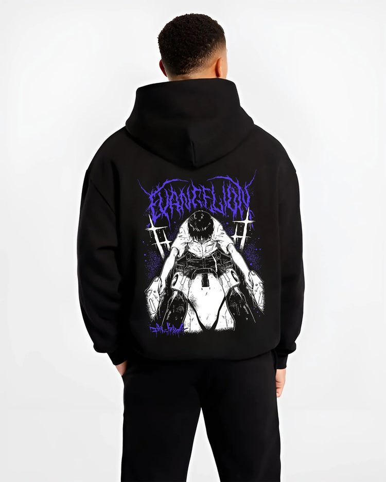 Black hoodie model back view with Shinji Ikari (Evangelion protagonist) illustrated back graphic