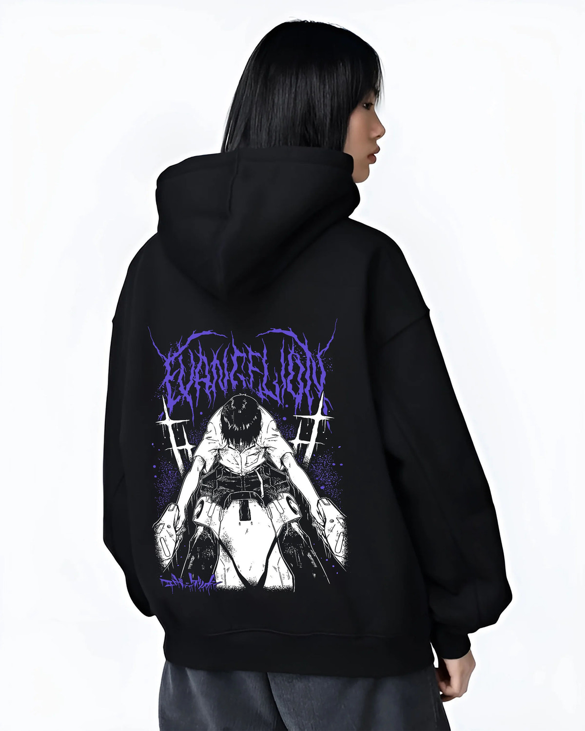 Black hoodie female model back view with Shinji Ikari (Evangelion protagonist) illustrated back graphic