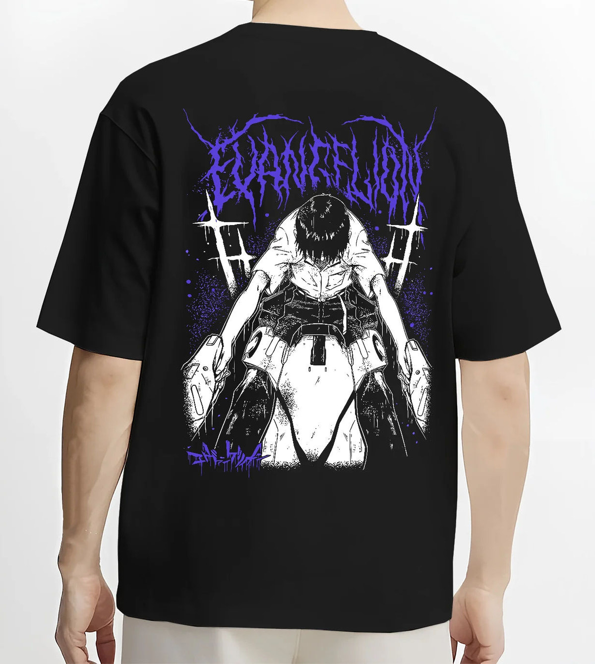 Black T-shirt model back view with Shinji Ikari (Evangelion protagonist) illustrated back graphic