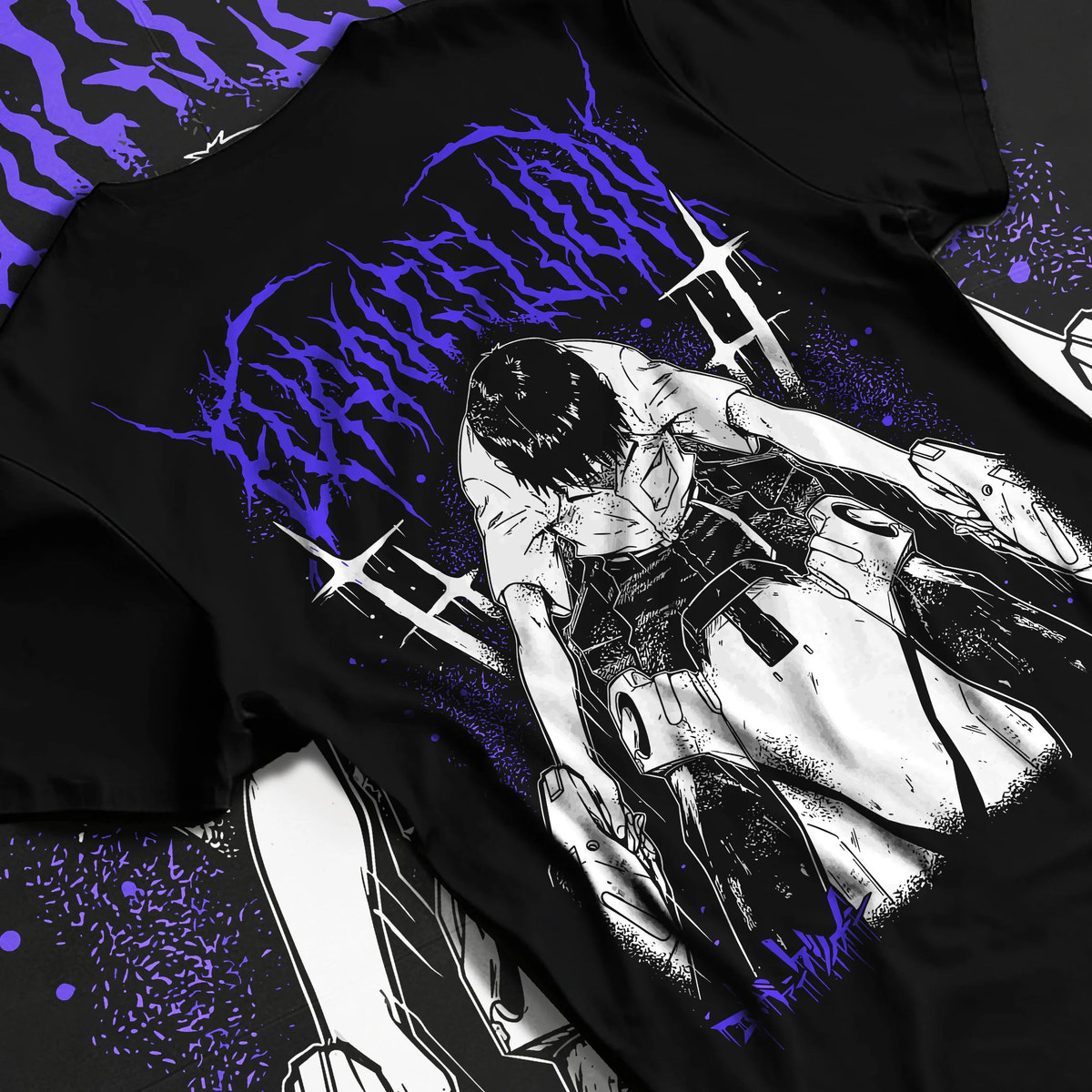 Black T-shirt flat back view with Shinji Ikari (Evangelion protagonist) illustrated back graphic