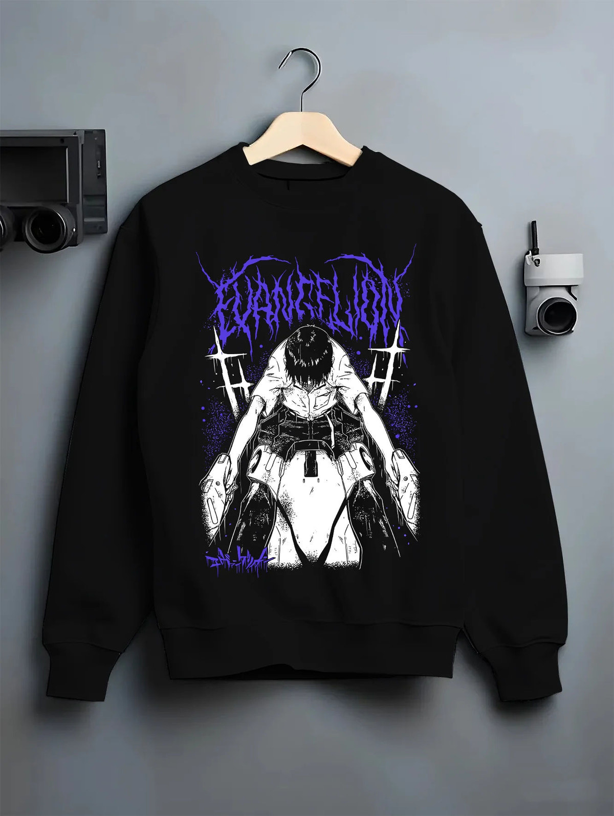 Black crewneck sweatshirt on hanger with Shinji Ikari (Evangelion protagonist) illustrated back graphic