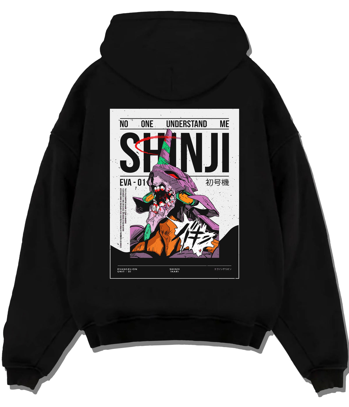 Black hoodie flat back view with Shinji Ikari and Evangelion Unit-01 illustrated back graphic