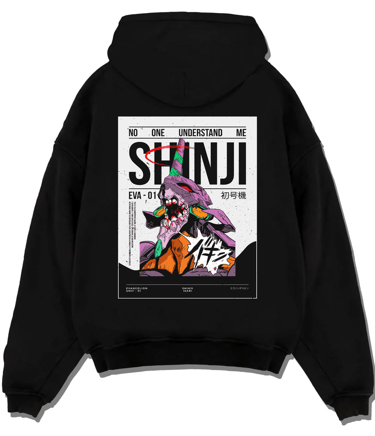 Black hoodie flat back view with Shinji Ikari and Evangelion Unit-01 illustrated back graphic