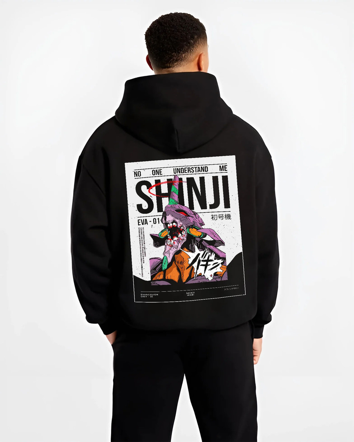 Black hoodie model back view with Shinji Ikari and Evangelion Unit-01 illustrated back graphic