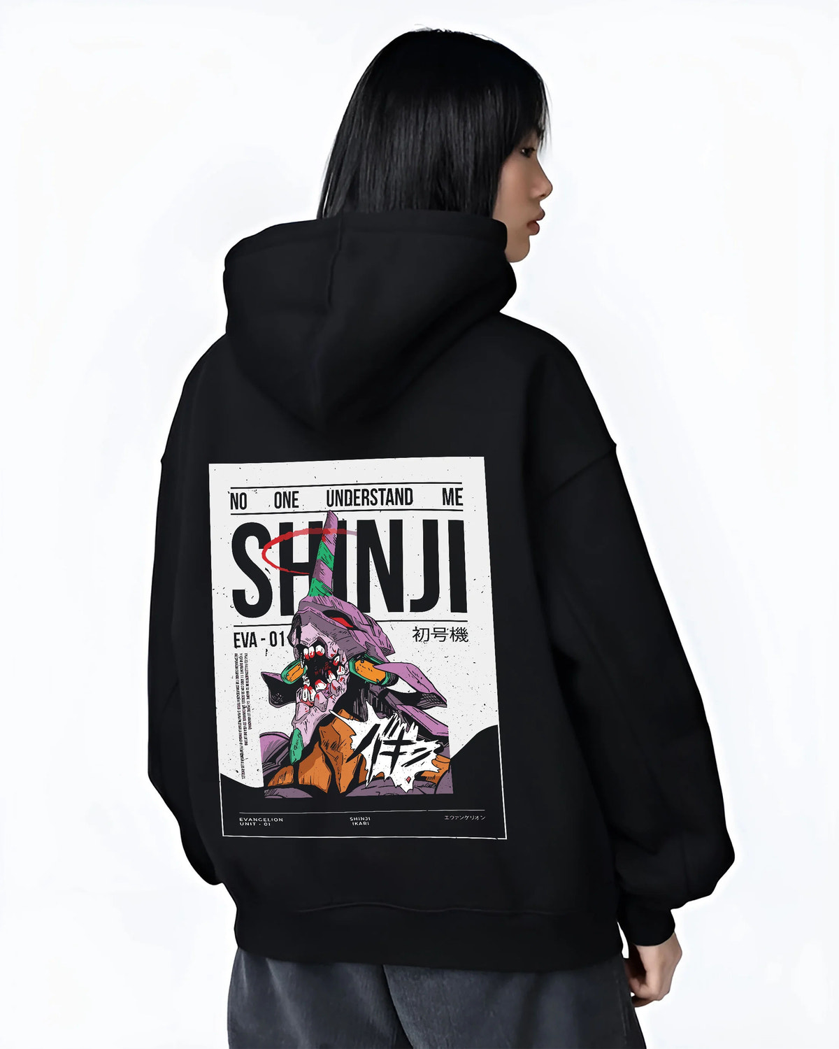 Black hoodie female model back view with Shinji Ikari and Evangelion Unit-01 illustrated back graphic