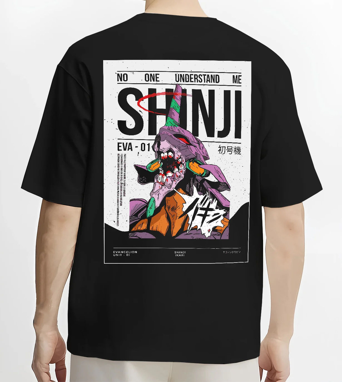 Black T-shirt model back view with Shinji Ikari and Evangelion Unit-01 illustrated back graphic