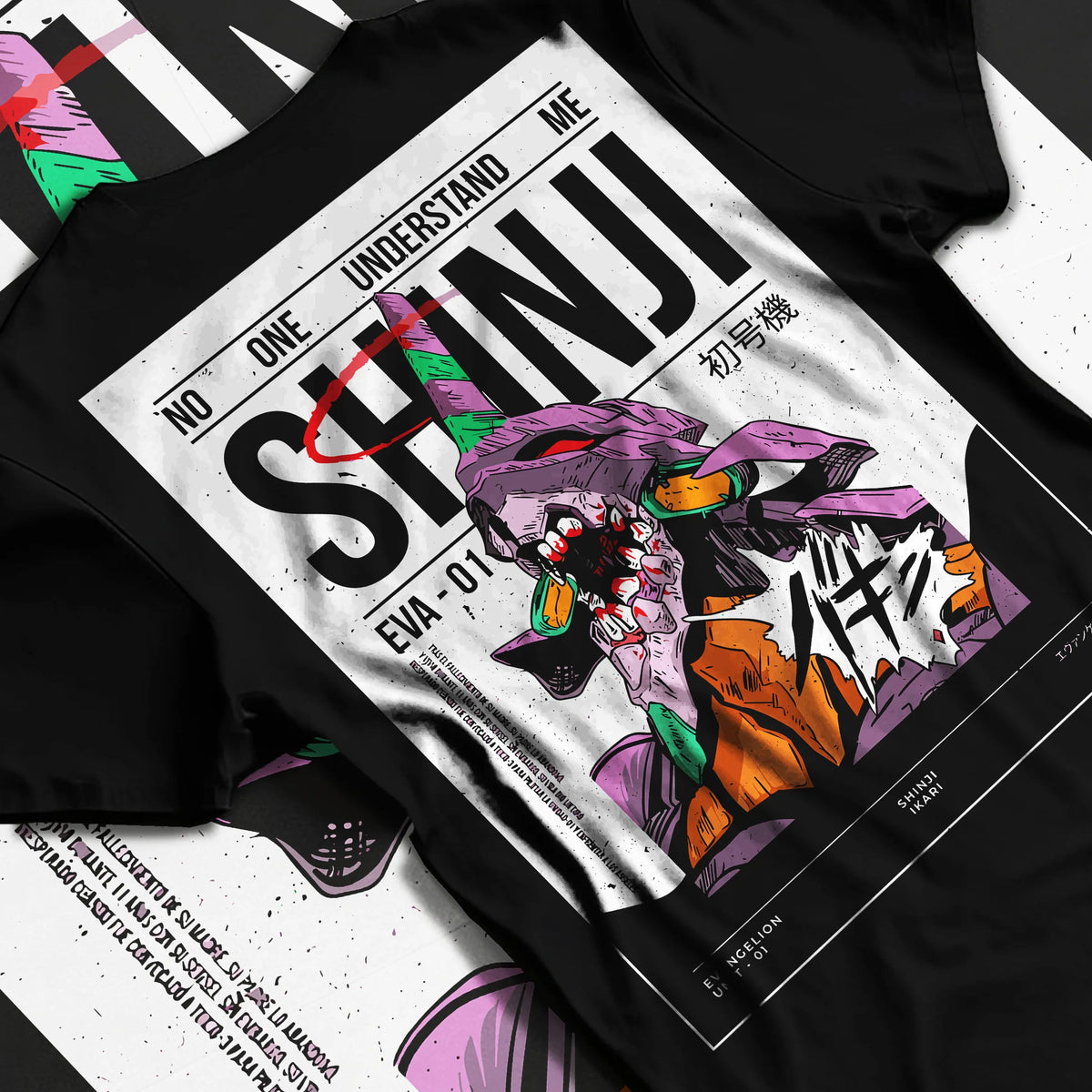 Black T-shirt flat back view with Shinji Ikari and Evangelion Unit-01 illustrated back graphic