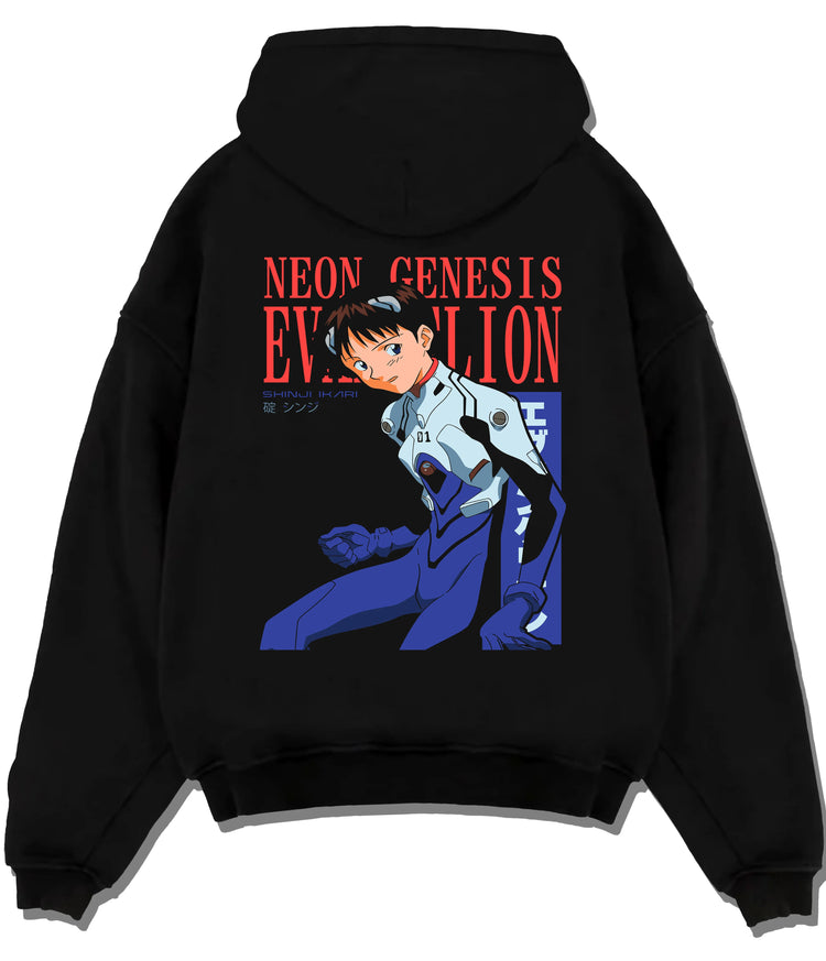 Black hoodie flat back view showing Shinji Ikari from Evangelion: pilot suit