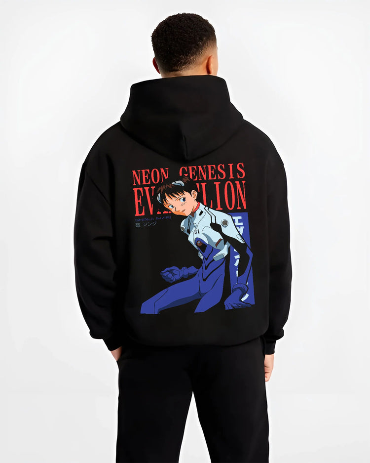 Black hoodie model back view showing Shinji Ikari from Evangelion: pilot suit