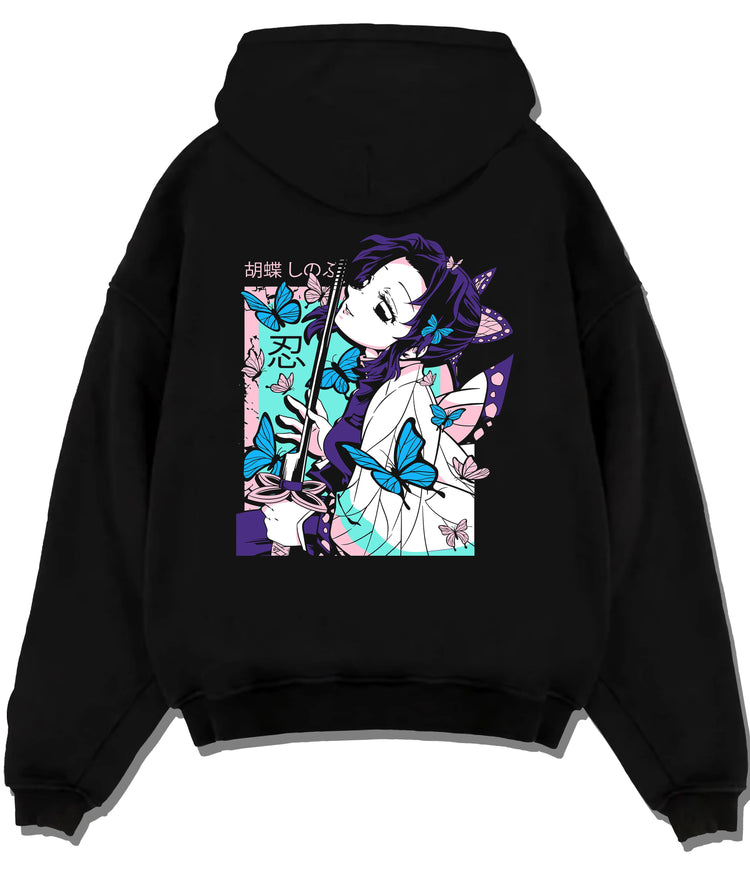 Black hoodie flat back view showing Shinobu Kocho from Demon Slayer: butterflies and sword