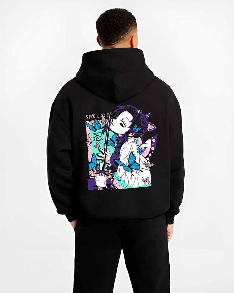 Black hoodie model back view showing Shinobu Kocho from Demon Slayer: butterflies and sword