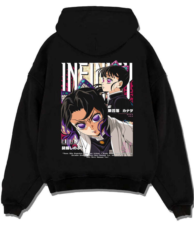 Black hoodie flat back view showing Shinobu Kocho from Demon Slayer: paired poster portraits