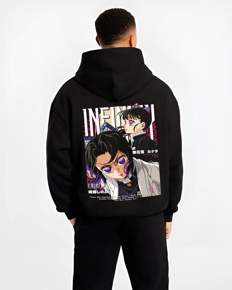 Black hoodie model back view showing Shinobu Kocho from Demon Slayer: paired poster portraits