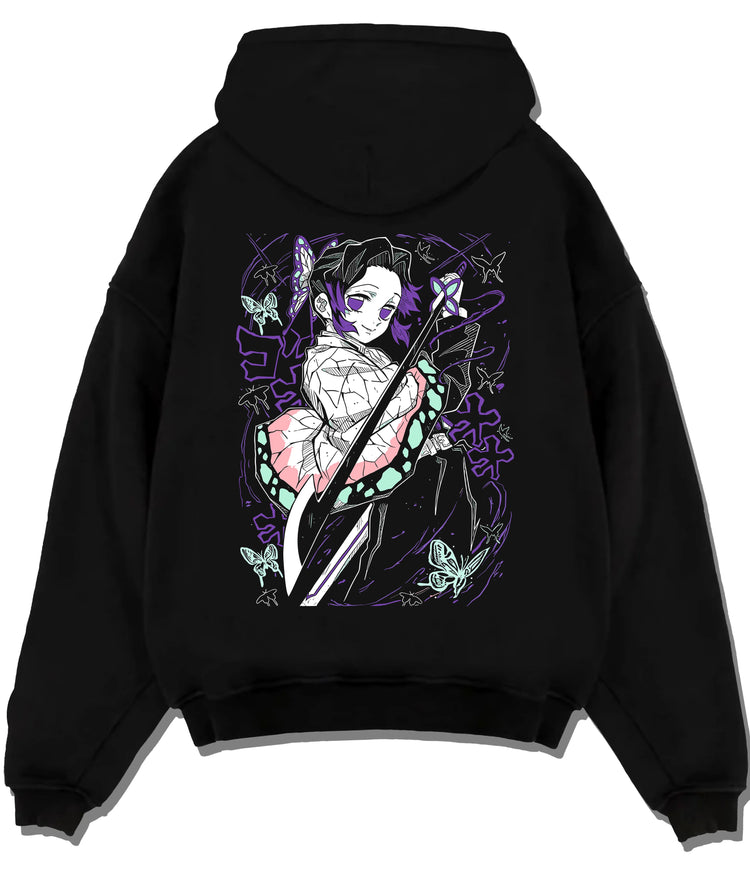Black hoodie flat back view showing Shinobu Kocho from Demon Slayer: purple butterfly blade