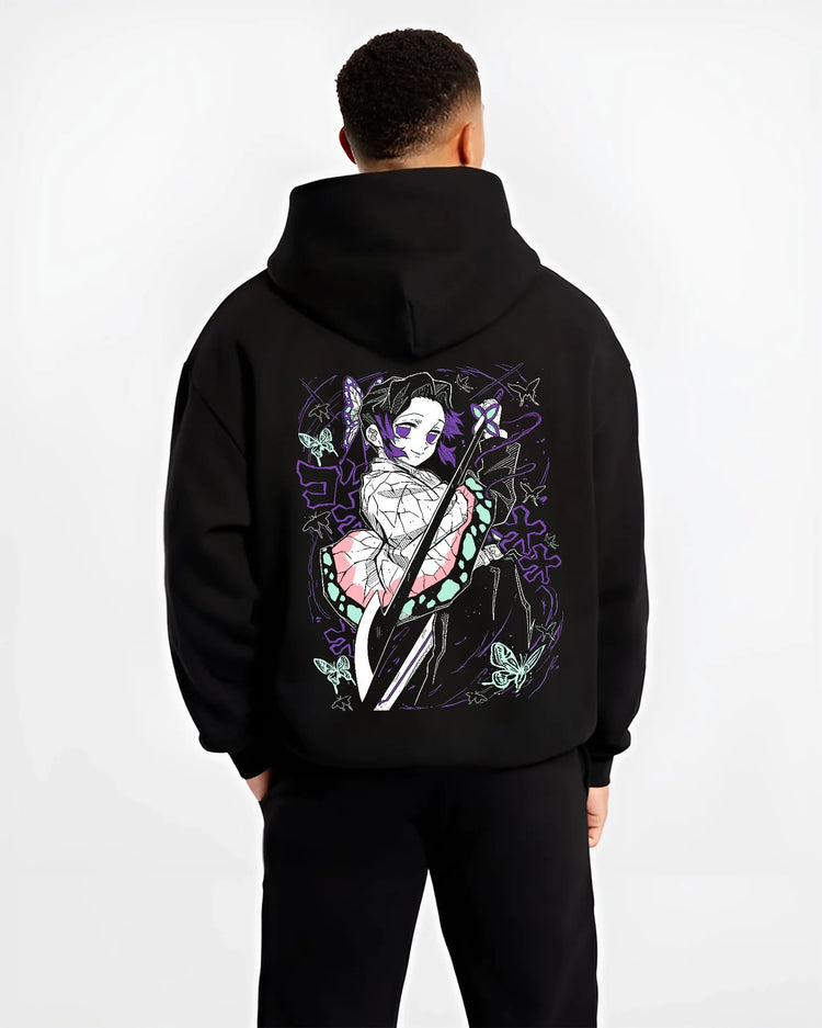 Black hoodie model back view showing Shinobu Kocho from Demon Slayer: purple butterfly blade
