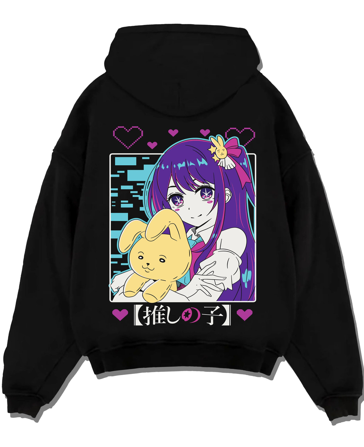 Black hoodie laid flat featuring Ai Hoshino idol star rabbit portrait Oshi no Ko artwork.
