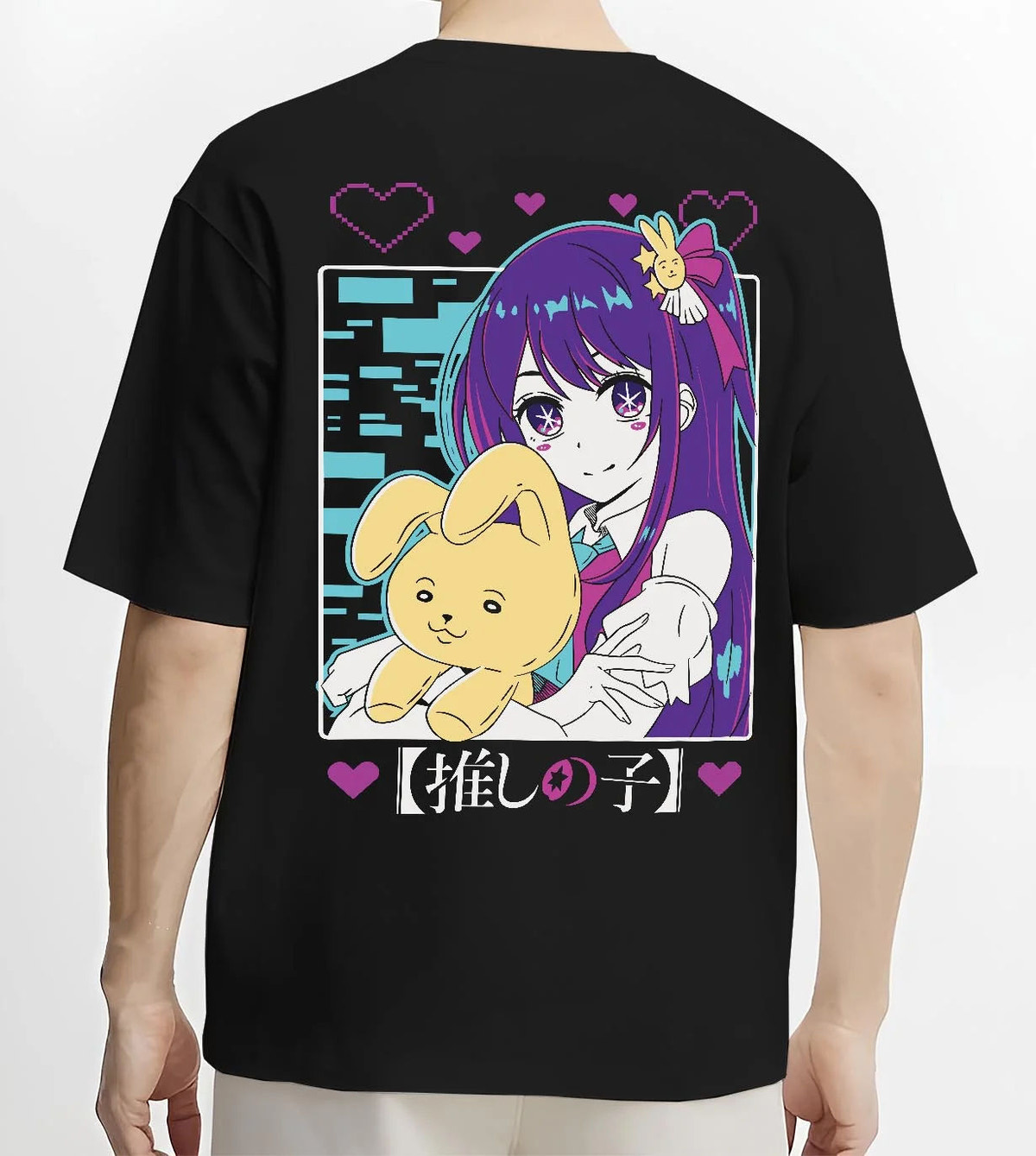 Black T-shirt worn by male model from the back featuring Ai Hoshino idol star rabbit portrait Oshi no Ko artwork.