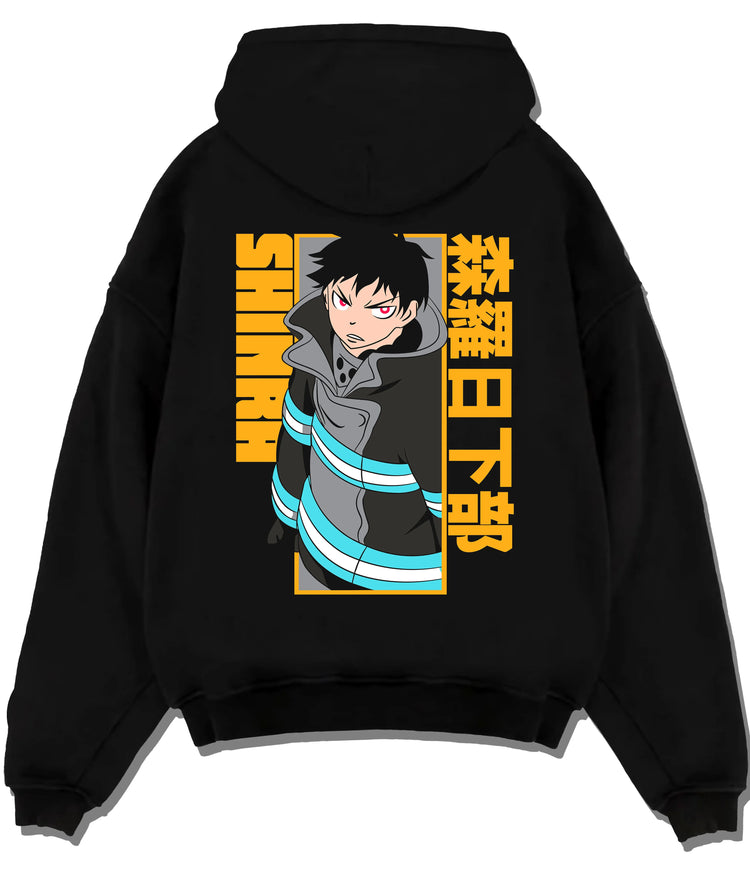 Black hoodie flat back view showing Shinra Kusakabe from Fire Force: Fire Force uniform