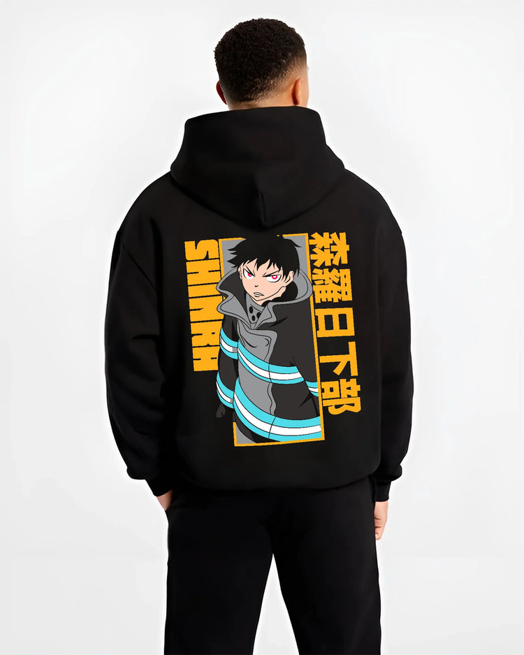 Black hoodie model back view showing Shinra Kusakabe from Fire Force: Fire Force uniform