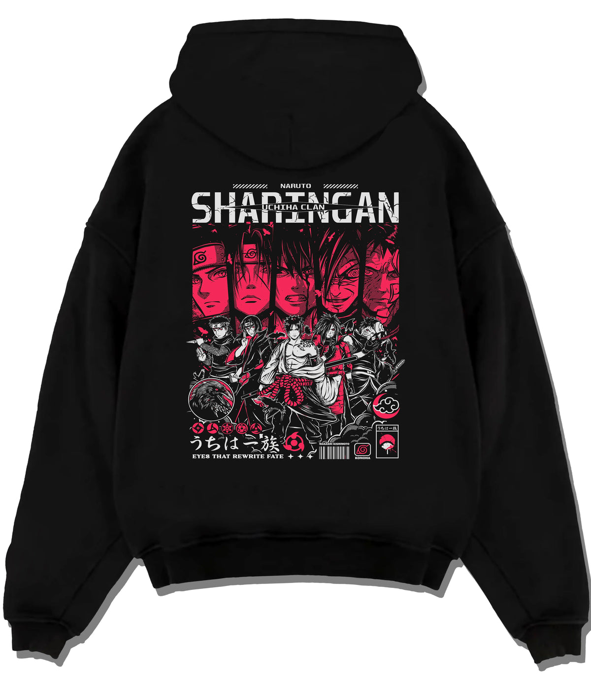 Black hoodie flat back view showing Naruto Shippuden: Akatsuki members collage