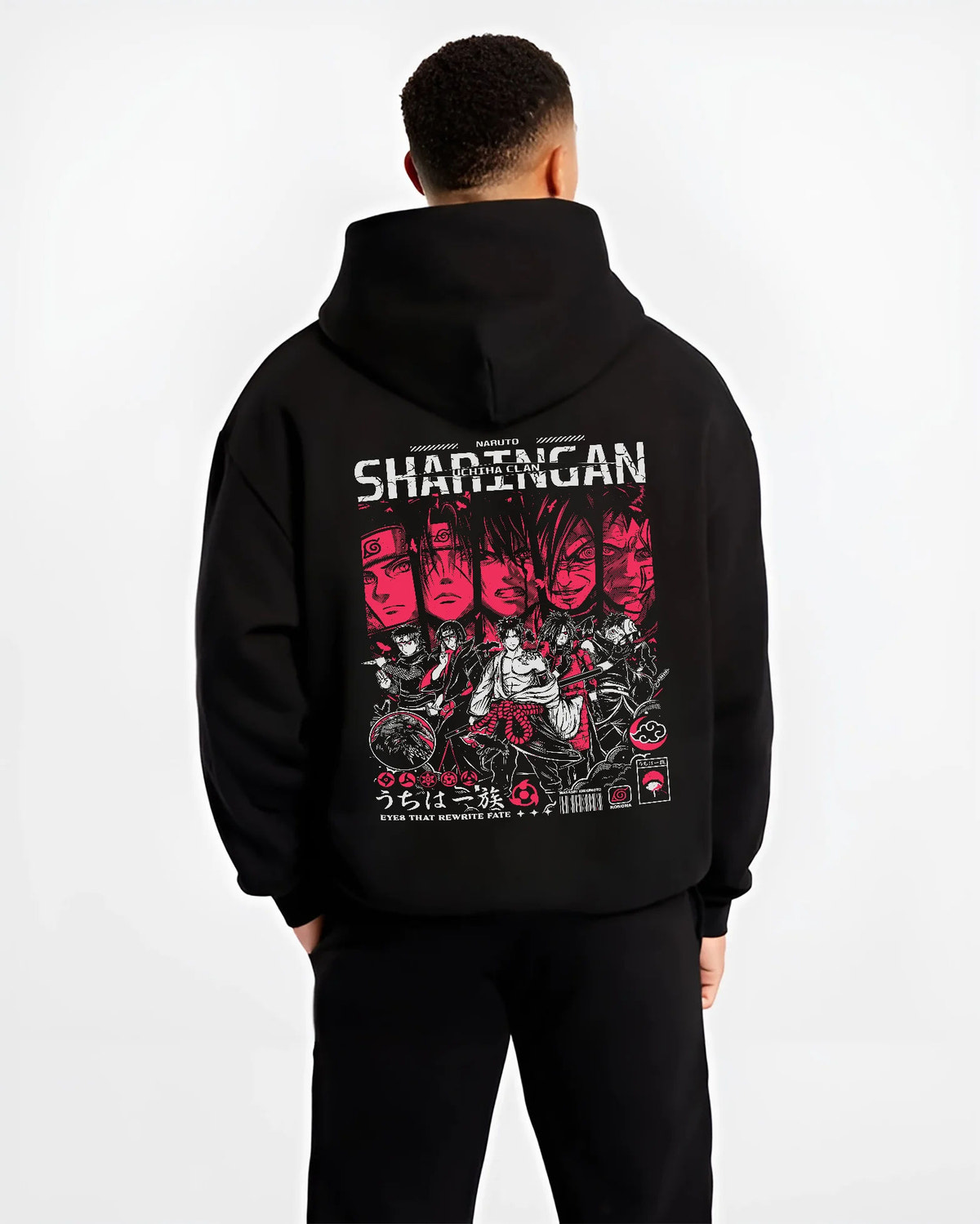 Black hoodie model back view showing Naruto Shippuden: Akatsuki members collage