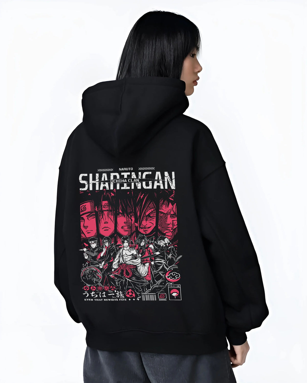 Black hoodie female model back view showing Naruto Shippuden: Akatsuki members collage