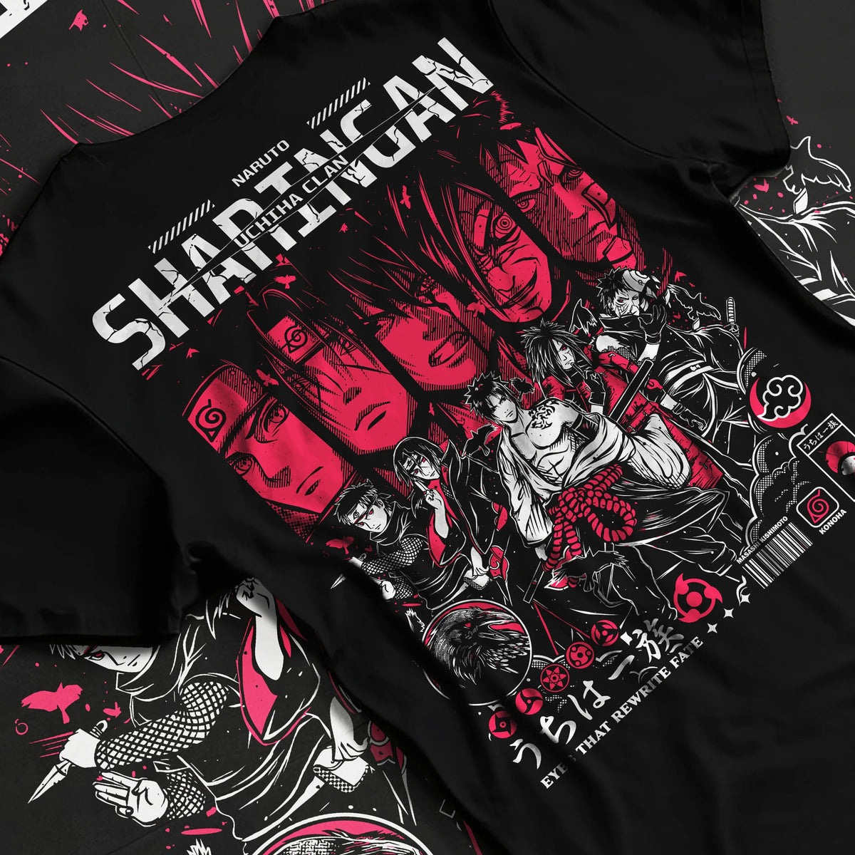Black T-shirt flat back view showing Naruto Shippuden: Akatsuki members collage