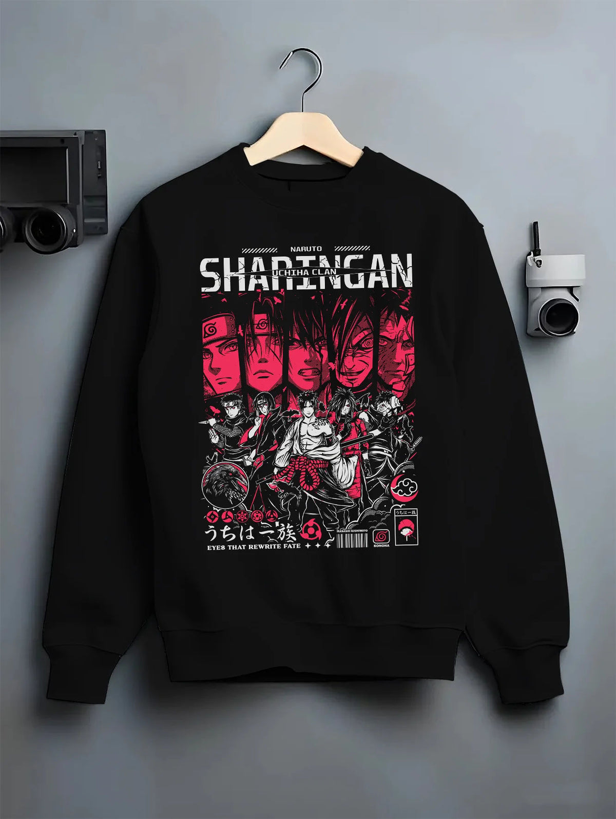Black crewneck sweatshirt on hanger showing Naruto Shippuden: Akatsuki members collage