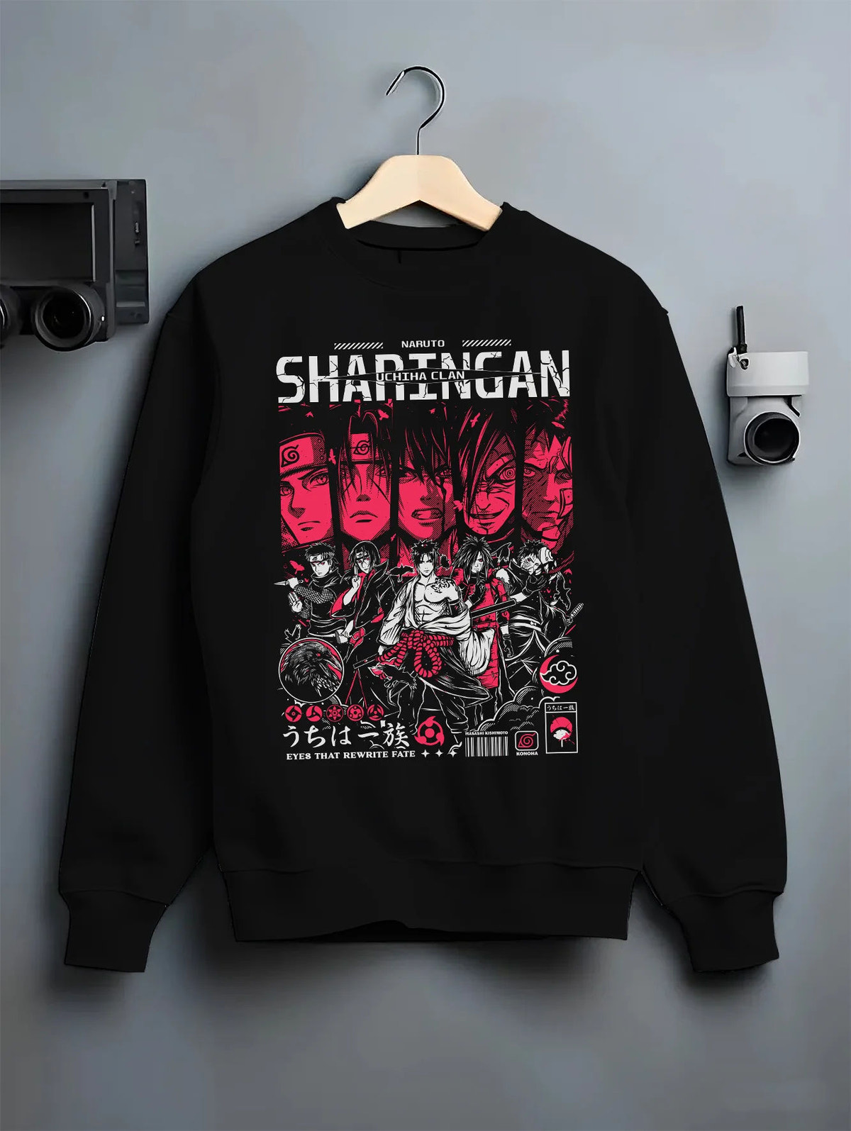 Black crewneck sweatshirt on hanger showing Naruto Shippuden: Akatsuki members collage