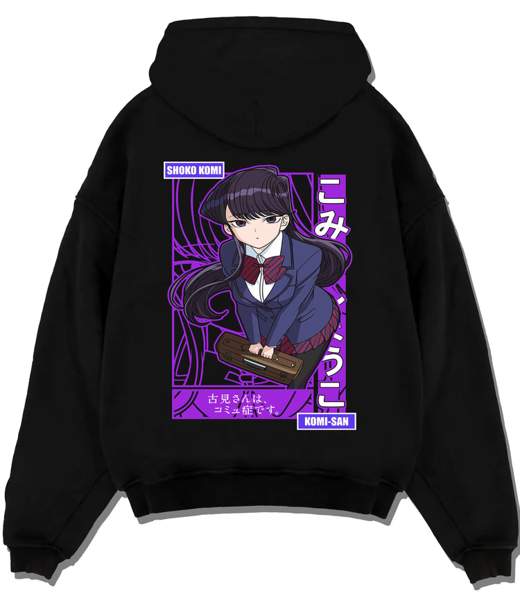 Black hoodie flat back view showing Shoko Komi from Komi Can't Communicate: purple school-uniform poster
