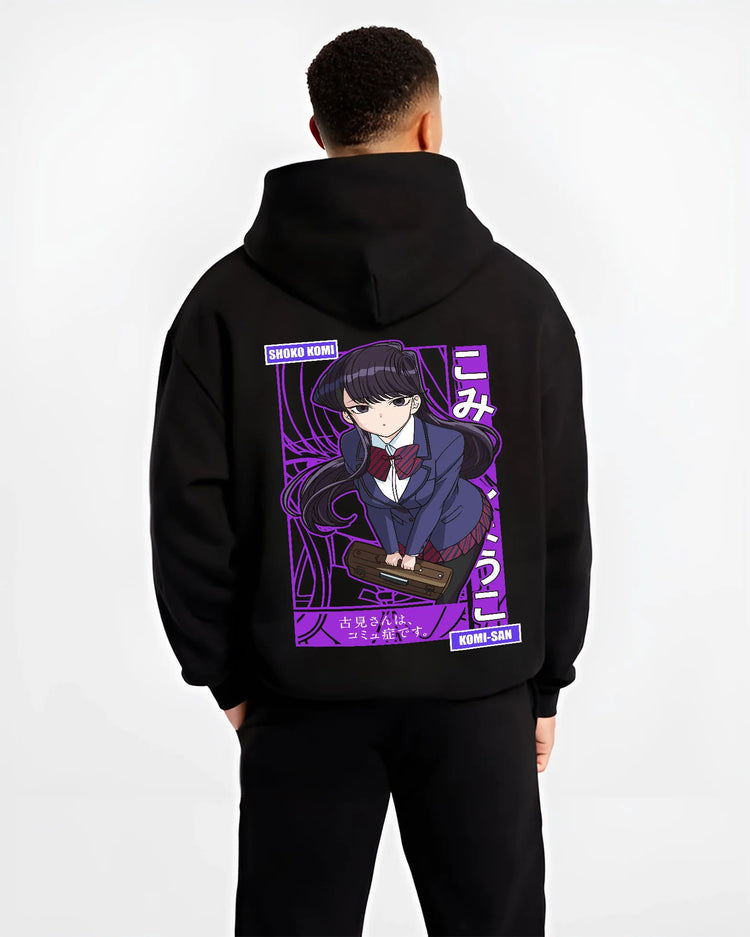 Black hoodie model back view showing Shoko Komi from Komi Can't Communicate: purple school-uniform poster