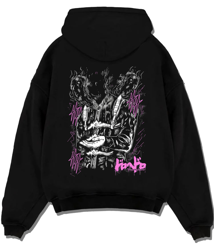 Black hoodie flat back view with Dorohedoro creature illustrated back graphic