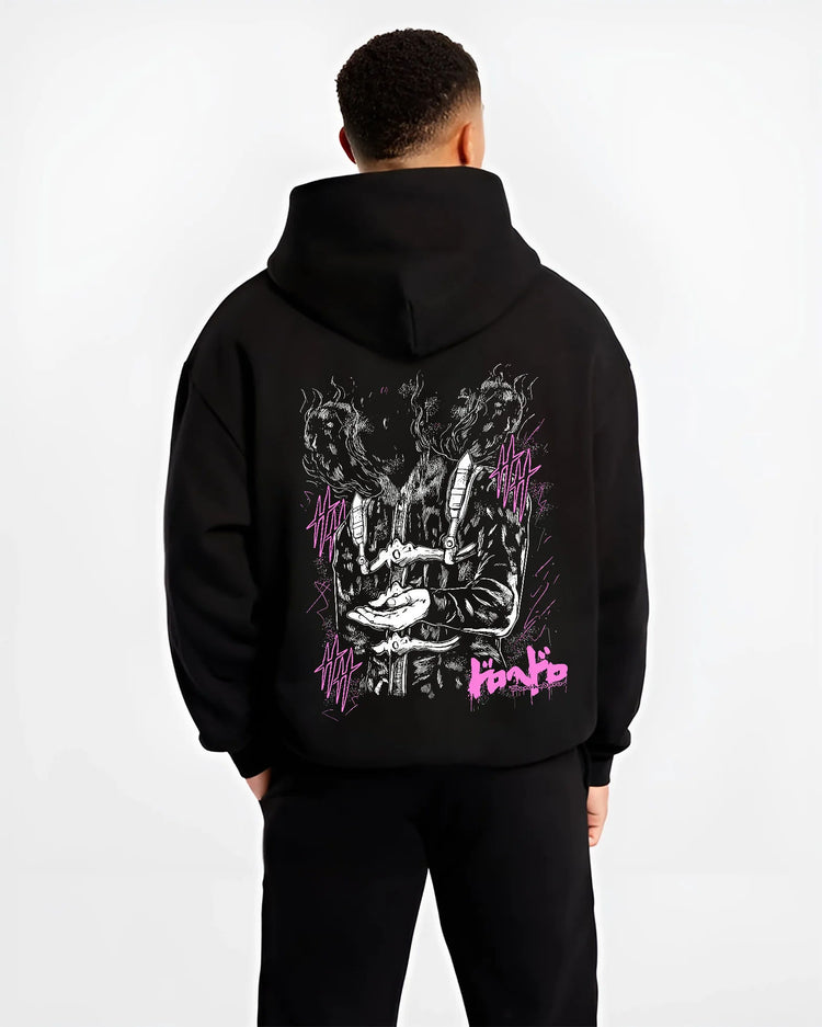 Black hoodie model back view with Dorohedoro creature illustrated back graphic