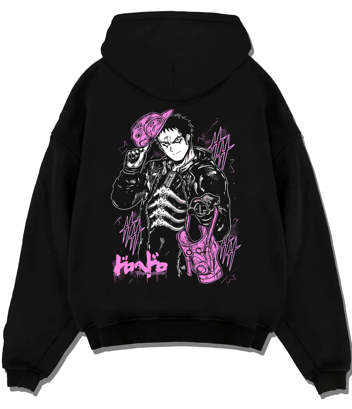 Black hoodie flat back view with Black-haired man in suit, purple creature/mask from Dorohedoro illustrated back graphic