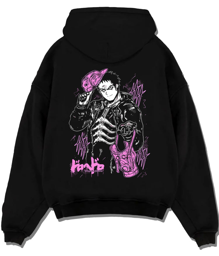 Black hoodie flat back view with Black-haired man in suit, purple creature/mask from Dorohedoro illustrated back graphic