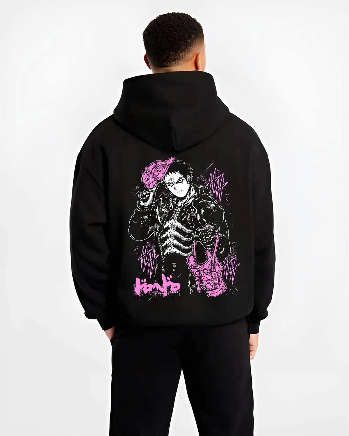 Black hoodie model back view with Black-haired man in suit, purple creature/mask from Dorohedoro illustrated back graphic
