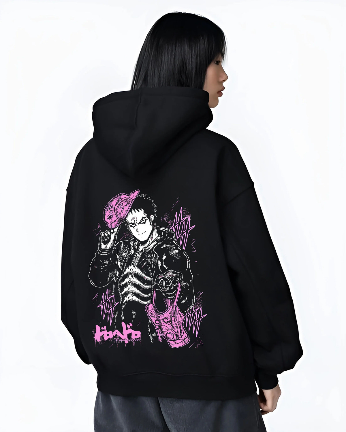 Black hoodie female model back view with Black-haired man in suit, purple creature/mask from Dorohedoro illustrated back