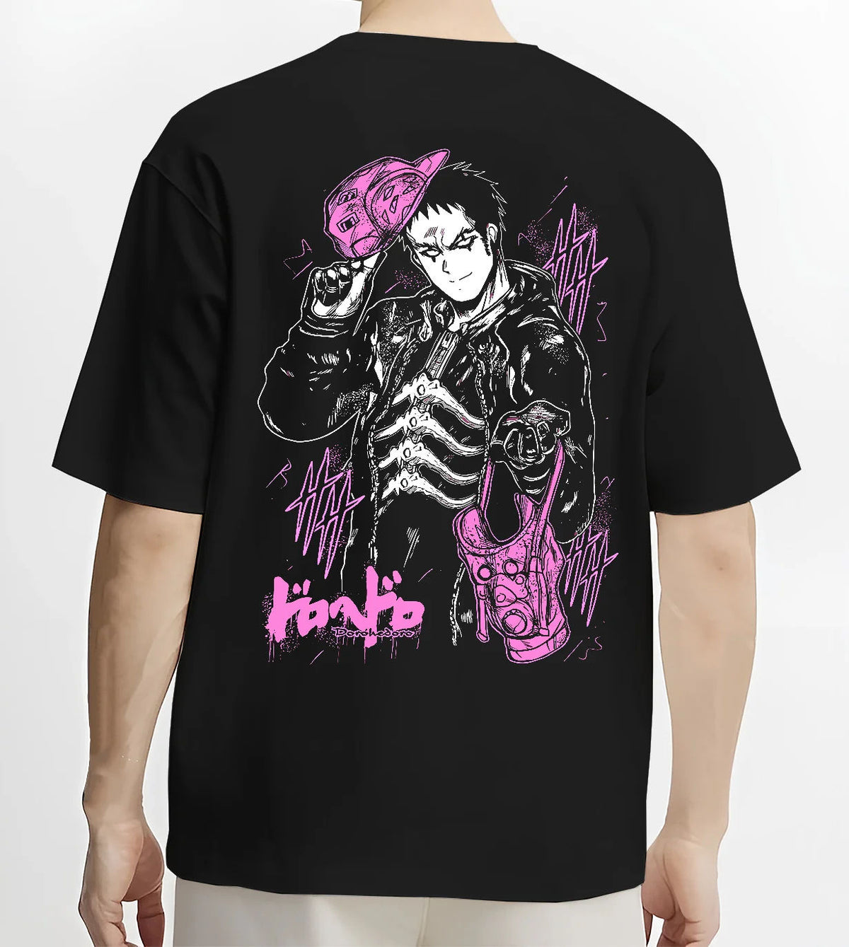 Black T-shirt model back view with Black-haired man in suit, purple creature/mask from Dorohedoro illustrated back graphic