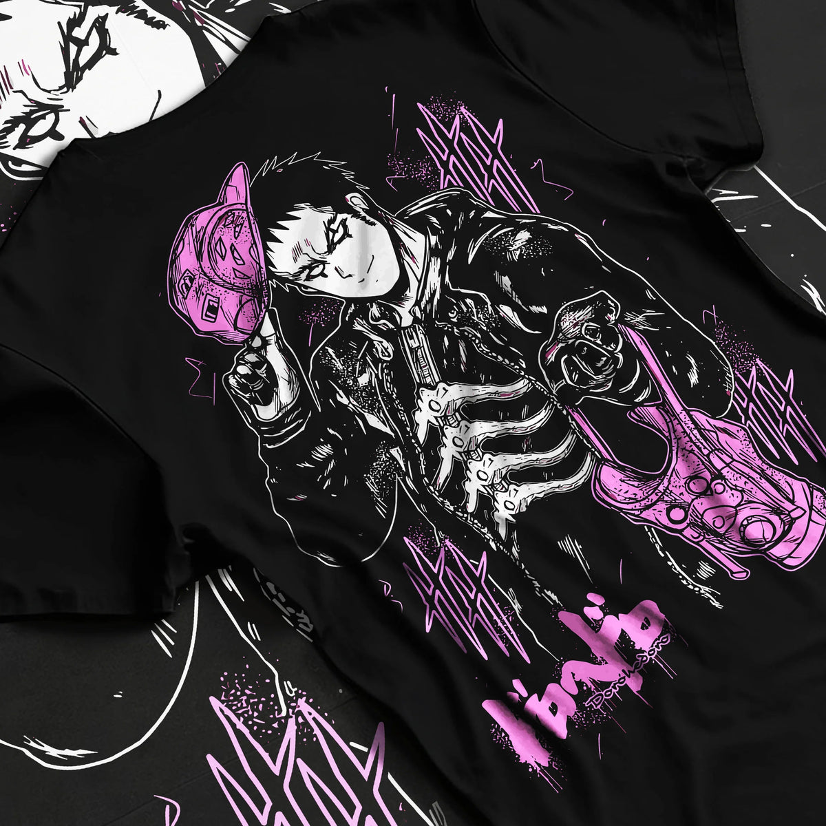 Black T-shirt flat back view with Black-haired man in suit, purple creature/mask from Dorohedoro illustrated back graphic