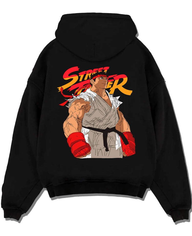 Black hoodie laid flat featuring Ryu Shoryuken World Warrior Street Fighter artwork.