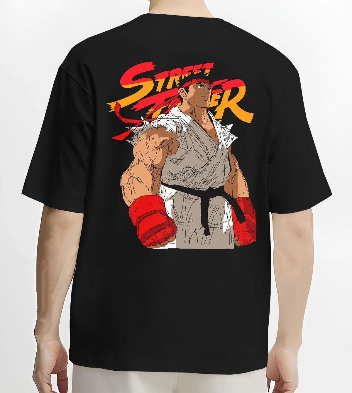 Black T-shirt worn by male model from the back featuring Ryu Shoryuken World Warrior Street Fighter artwork.