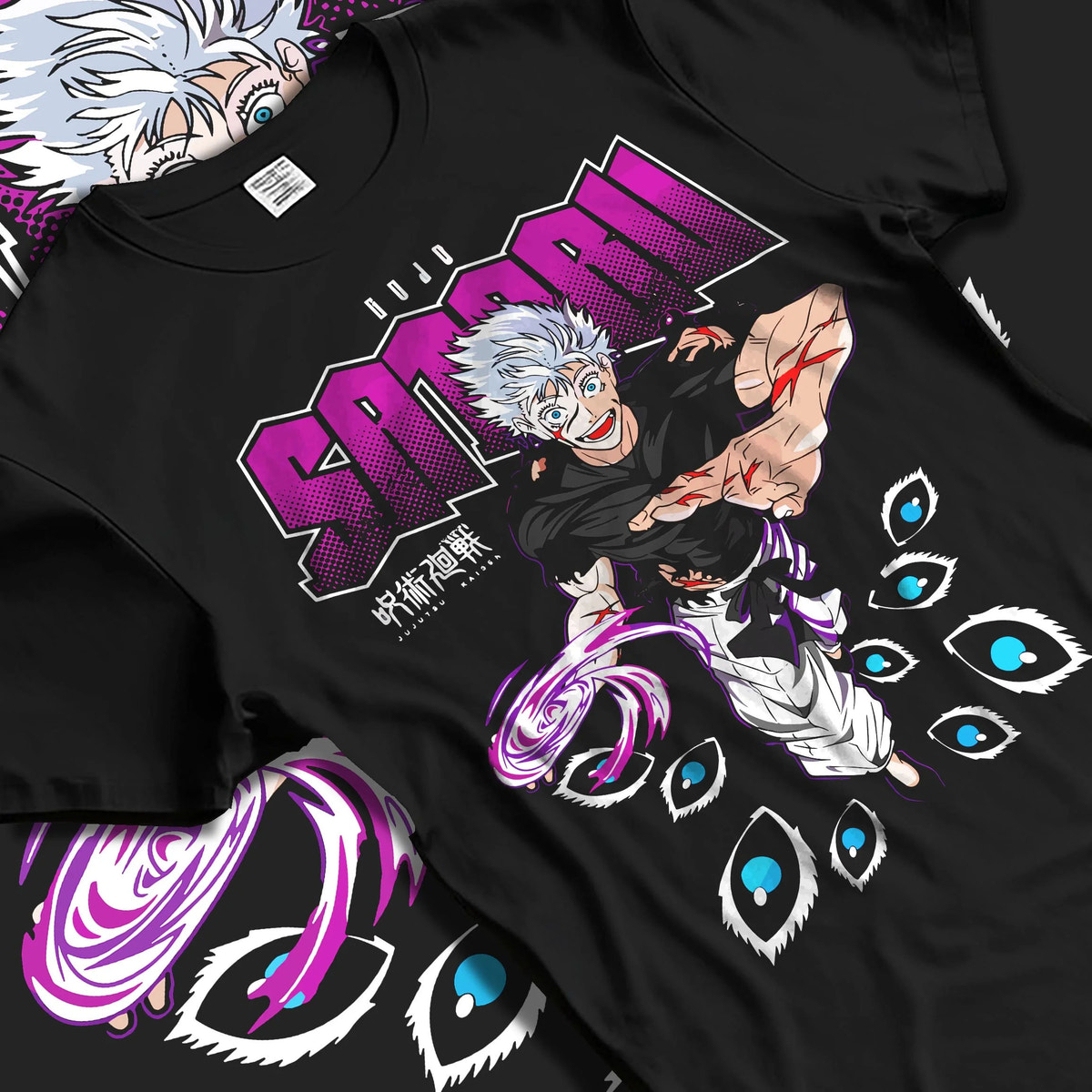 Black T-shirt laid flat with natural folds featuring Gojo Satoru Six Eyes Limitless Jujutsu Kaisen artwork.