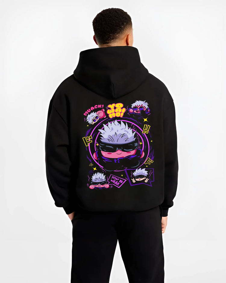 Black hoodie model back view showing Satoru Gojo from Jujutsu Kaisen: chibi Six Eyes design