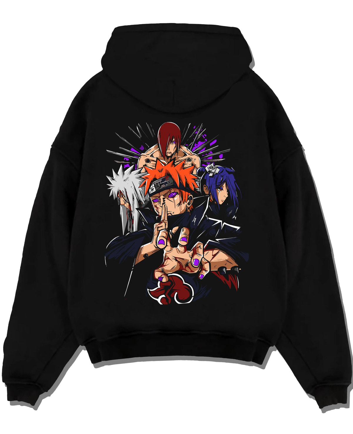 Black hoodie laid flat featuring Pain Six Paths Rinnegan Akatsuki Naruto artwork.