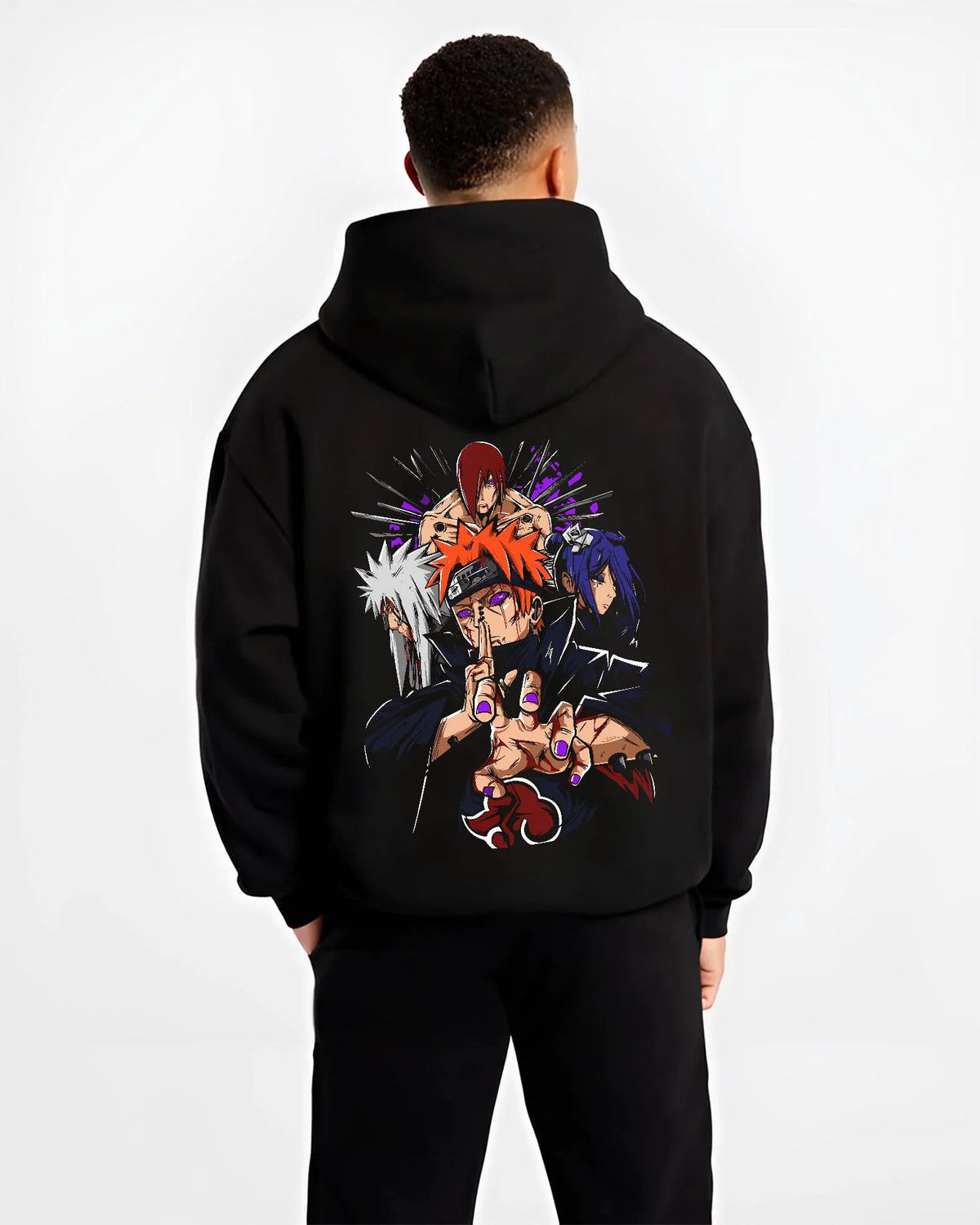 Black hoodie worn by male model from the back featuring Pain Six Paths Rinnegan Akatsuki Naruto artwork.