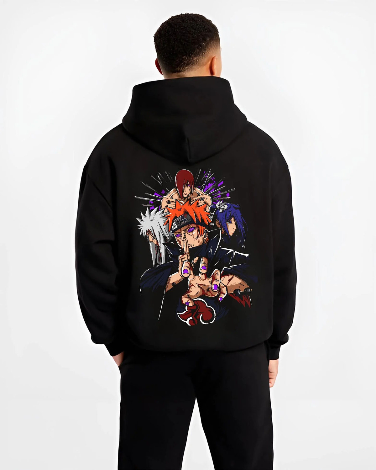 Black hoodie worn by male model from the back featuring Pain Six Paths Rinnegan Akatsuki Naruto artwork.