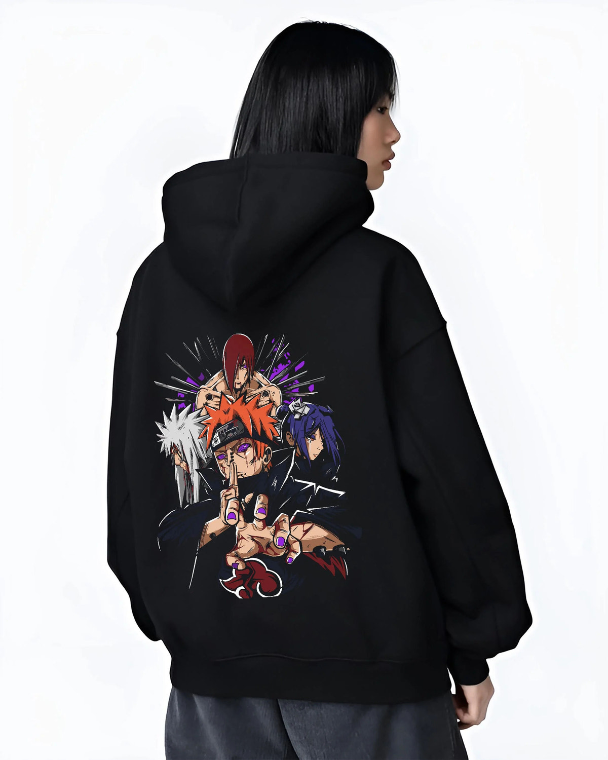 Black hoodie worn by female model from the back featuring Pain Six Paths Rinnegan Akatsuki Naruto artwork.